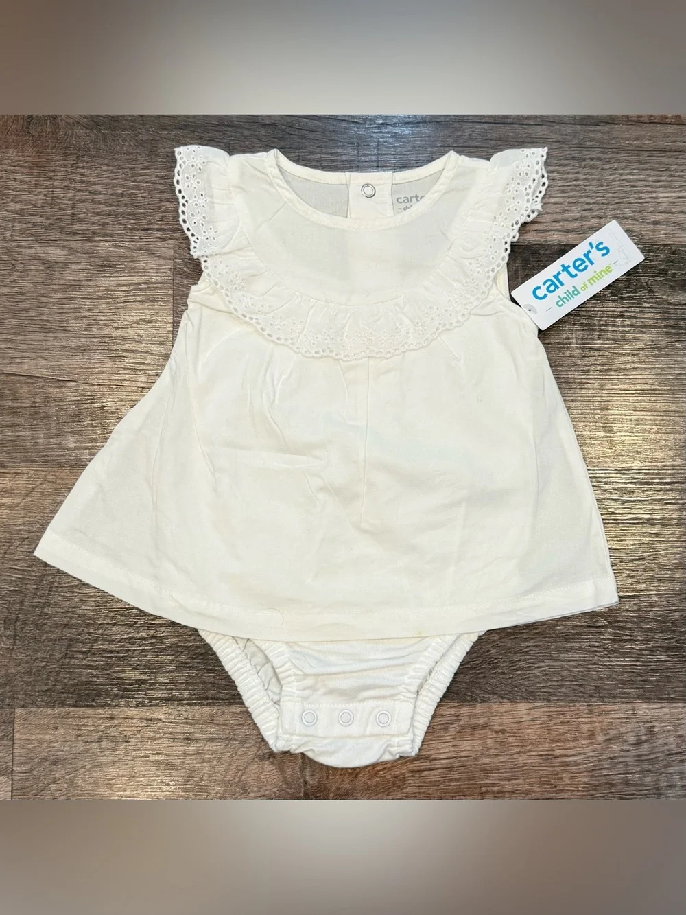 NWT Carters White Baby Girl Dress Onesie Ruffle Neckline Eyelet Lace 3-6 Months